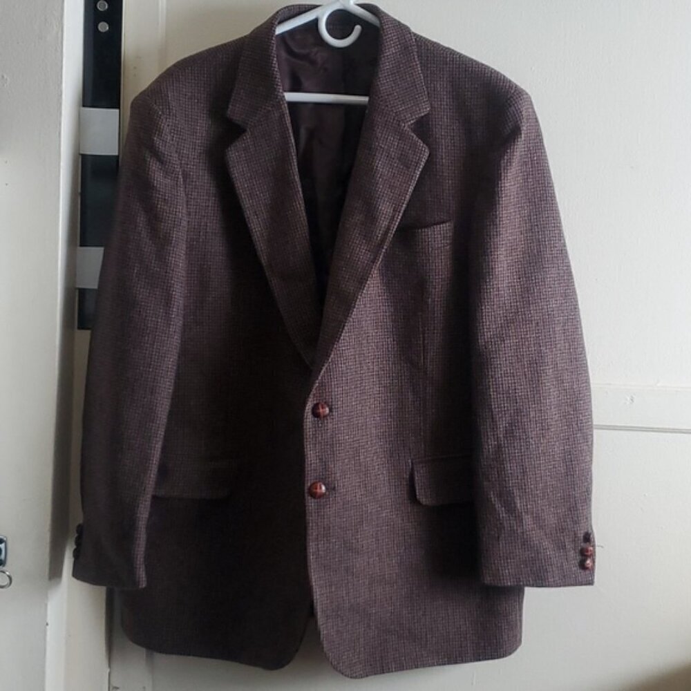 English Manor Mens 2 Button 100% Wool Tweed Blazer Sport Coat Brown Size 44R